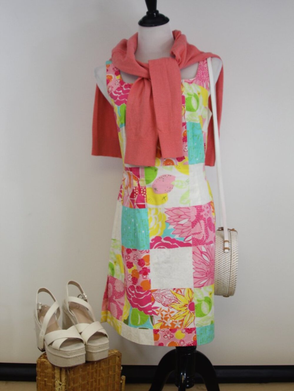 Lilly Pulitzer Patchwork Floral Shift Dress Size 6 Pink Green Cotton Preppy Reso